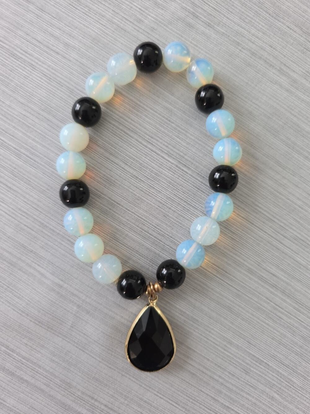 Black Onyx and Opalite Beaded Stretch Bracelet Bezel Set Faceted Teardrop Charm